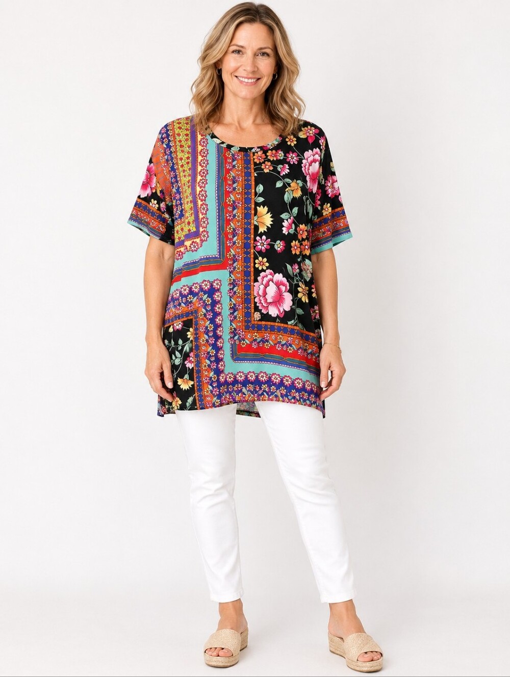 Johnny Was Bamboo Floral Border Print Tunic Top XL Black Pink Boho Stretch